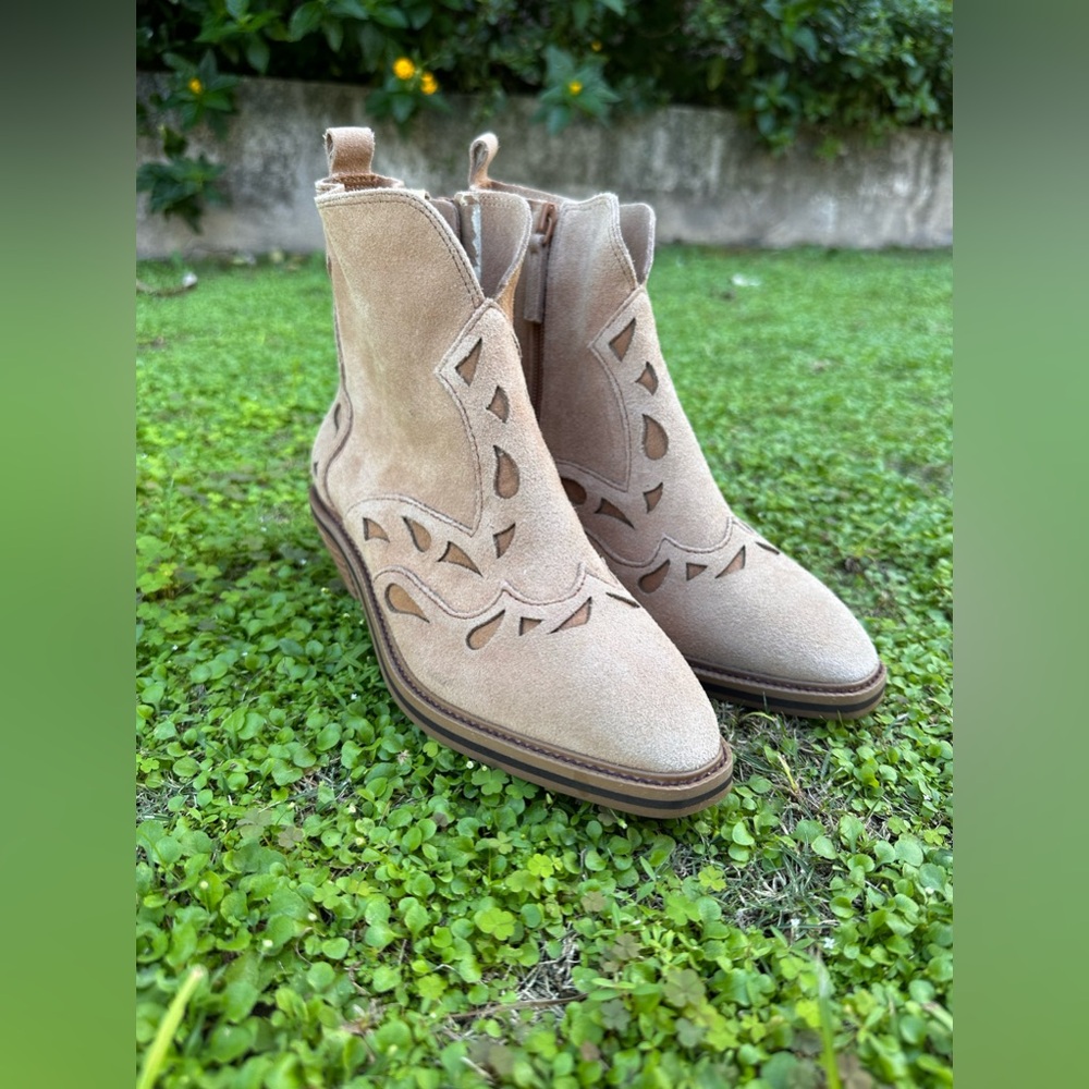 Kelsi Dagger Beige Suede Cutout Ankle Booties
